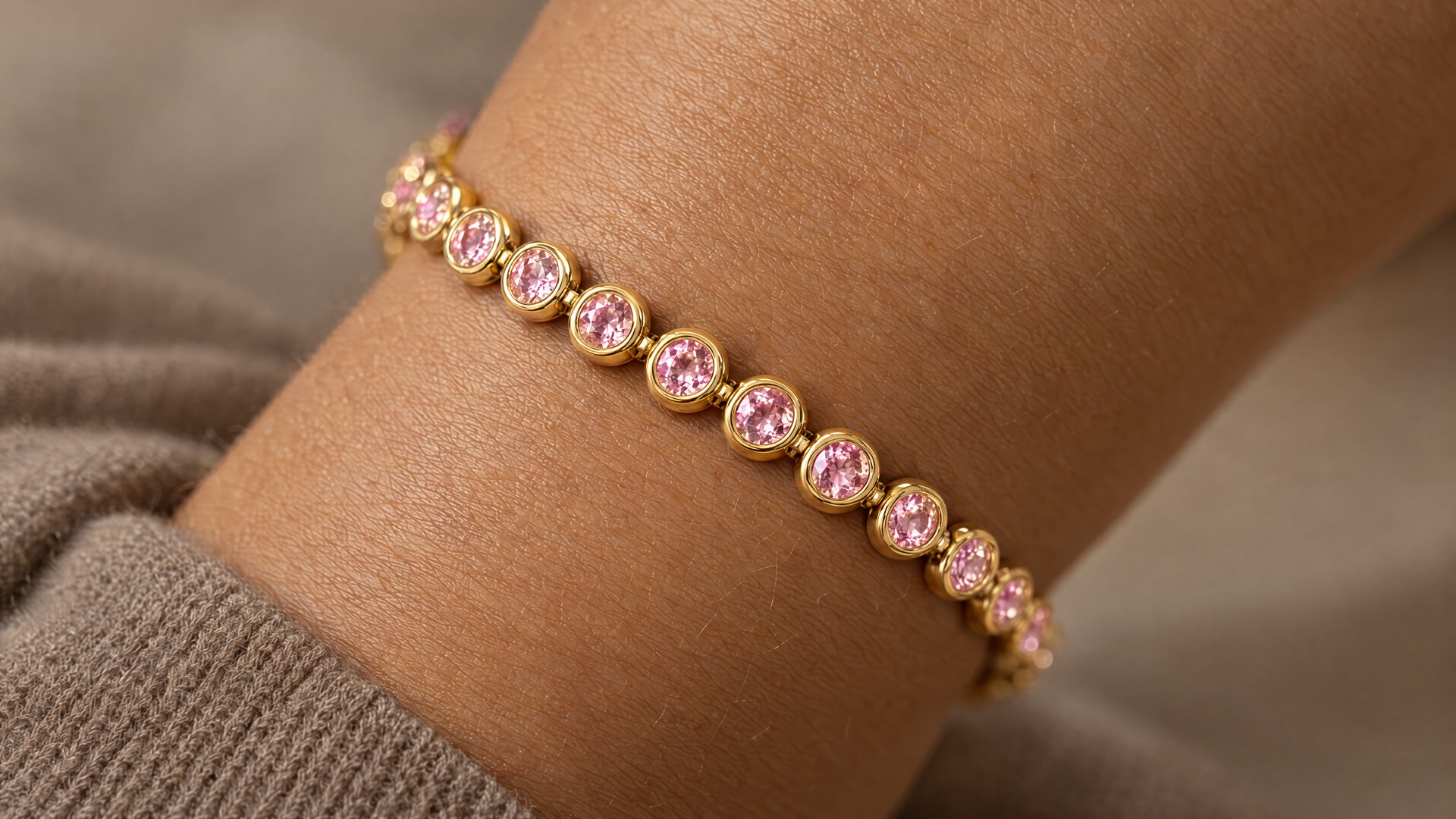 The pink round-stone bracelet worn on a wrist
