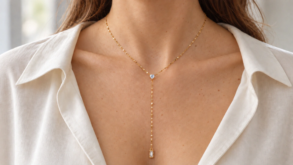 The clear-heart lariat worn at the neckline with an ivory open collar