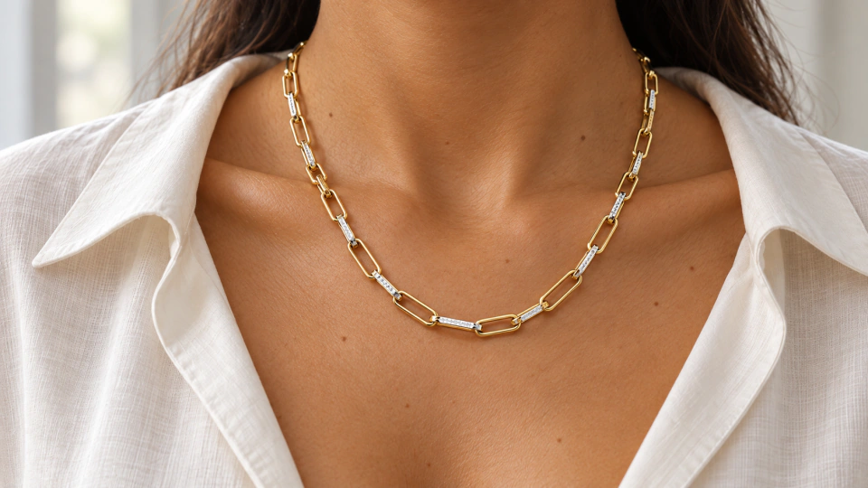 The Crew Necklace (Gold tone) with reflective metal details worn at the neckline with an ivory open collar