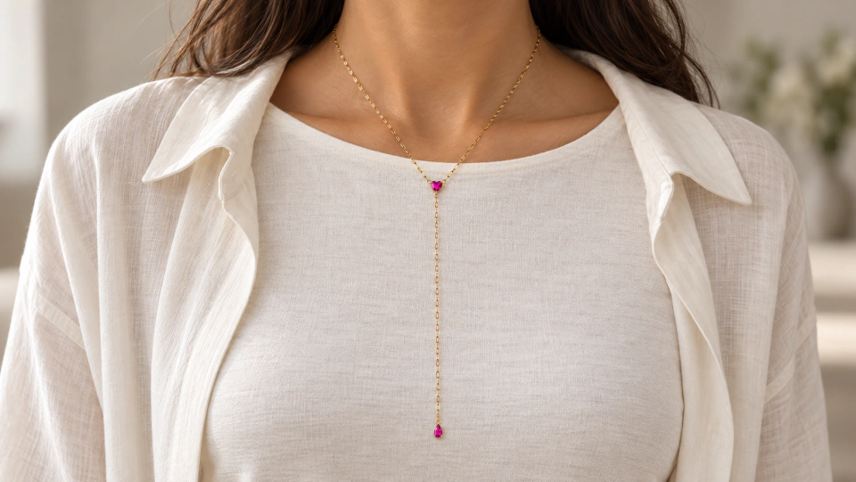 The Roma Necklace (Pink) worn over an ivory top, with the entire long chain drop and tiny pink teardrop visible