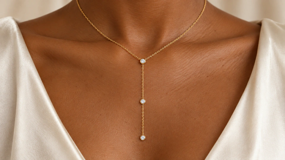 The three-stone lariat worn at the neckline with its complete drop visible