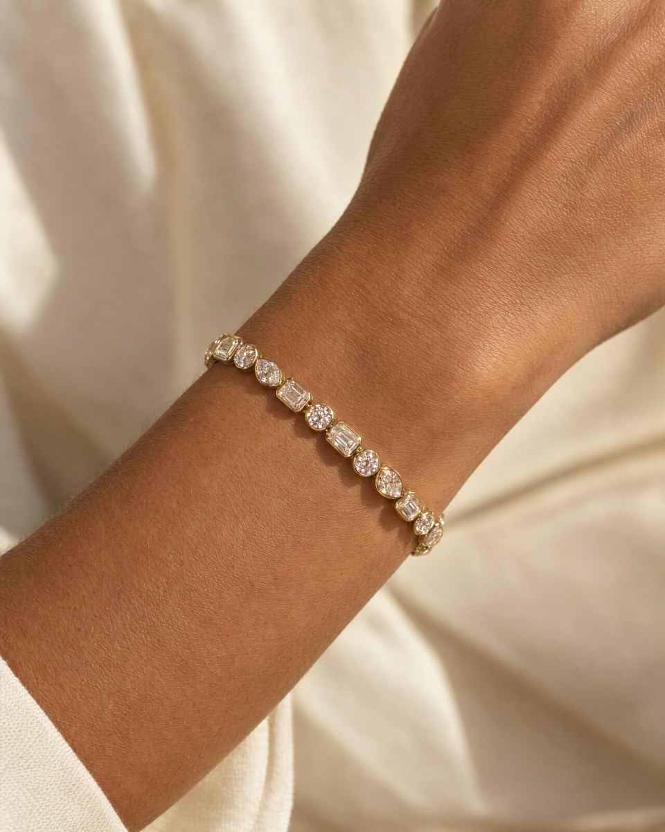The mixed-shape bracelet worn on a wrist